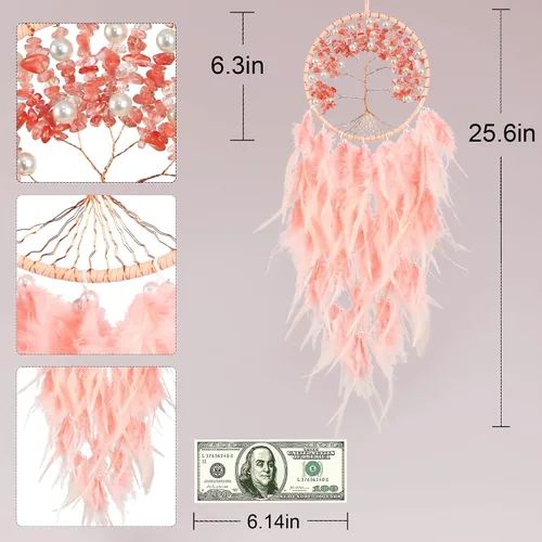 Miniatura 6 de Atrapasueños grandes del árbol de la vida, plumas de gallo rosa con ágata roja, atrapasueños de chakras hecho a mano para dormitorio, un