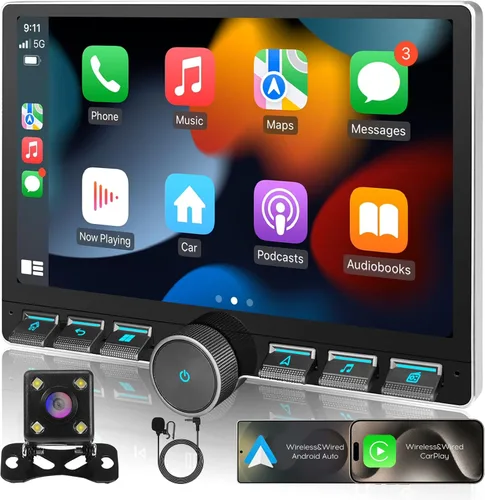 10" IPS QLED 1080P Full Touch 2+32G Doble DIN Radio de Coche Audio Video Receptores Estéreo con Apple CarPlay Android Auto Cámara de Visión Trasera