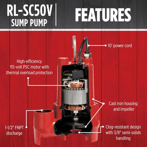 Miniatura 3 de Red Lion RL-SC50V 14942747 Bomba de sumidero de hierro fundido de 115 voltios, 1/2 HP, 4300 GPH con interruptor vertical, cable de 10 pies, rojo