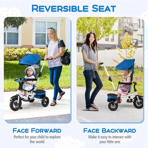 Miniatura 4 de Costzon - Triciclo, 5 en 1 para niños pequeños con mango de empuje plegable, asiento giratorio, rueda EVA, dosel ajustable, canasta de Azul