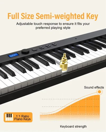 Miniatura 2 de KONIX Teclado de piano plegable, 88 teclas, teclado plegable semipesado, piano eléctrico portátil con llave de luz, pedal de sostenimiento, Negro