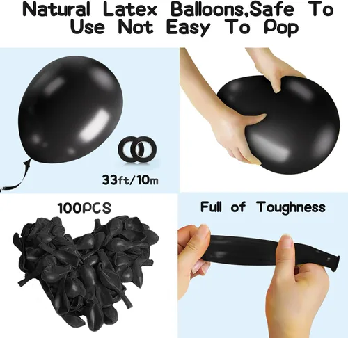 Miniatura 4 de EMART 100 globos negros de 12 pulgadas con cinta, helio de látex para fiestas de cumpleaños, baby shower, boda, graduación, Halloween, decoraciones
