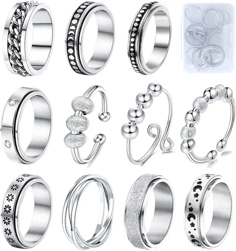 Miniatura 12 de Anillos giratorios MUCAL para ansiedad 8 piezas de anillo giratorio de acero inoxidable anillo anti ansiedad anillo giratorio con luna y estrella