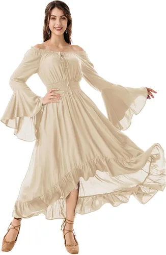 Miniatura 3 de Scarlet Darkness Disfraz de feria renacentista para mujer, vestido de manga larga acampanada con hombros descubiertos, vestido alto y bajo