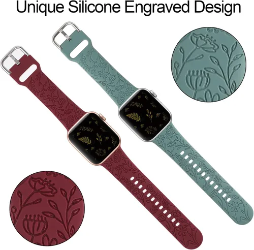 Miniatura 5 de Paquete de 2 correas deportivas grabadas con flores compatibles con correas de Apple Watch de 1.496 pulgadas, 1.575 pulgadas, 1.614 pulgadas, Vino