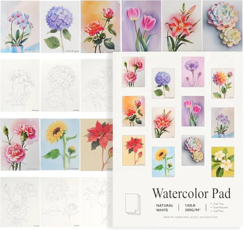 Miniatura 4 de RGBMIX Libro de papel de acuarela de 12 hojas con flores, 6x8'' Papel para acuarela, bloc de papel para colorear, pintura para alivio del estrés