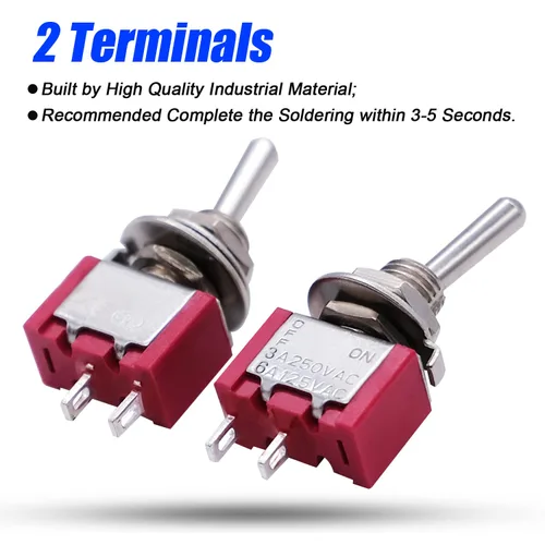 Miniatura 5 de Mxuteuk 8 piezas interruptor de palanca mini SPST interruptor en miniatura encendido/apagado 2 terminales 2 posiciones 6 A 125 V 3 A 250 V