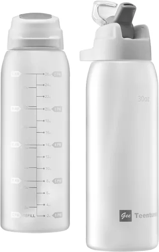 Miniatura 8 de Botella de agua deportiva de 30 onzas con marcadores de tiempo, botella grande y duradera de plástico para gimnasio, Tritan sin BPA, transparente
