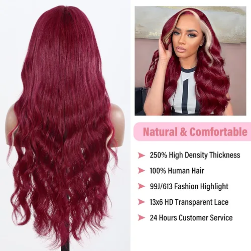 Miniatura 4 de HANASCC Pelucas de cabello humano con encaje frontal 99J color borgoña de 28 pulgadas, densidad del 250 %, 13 x 6, HD 613, pelucas de cabello humano