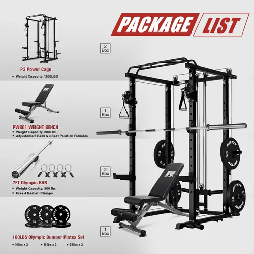 Miniatura 2 de RitFit El paquete multifunción de garaje y gimnasio en casa incluye jaula de potencia de 1200 libras PPC03/P3 con sistema de cruce de cables, banco