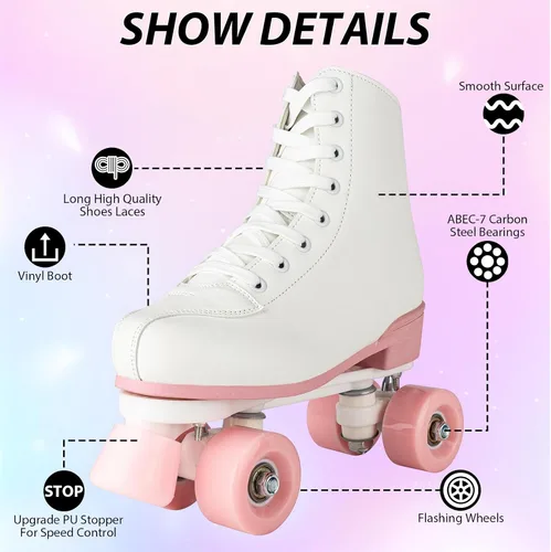 Miniatura 5 de YYW Patines de ruedas para mujeres y niñas, patines de derby de luces, patines de cuero sintético de doble fila, patines negros y rosas