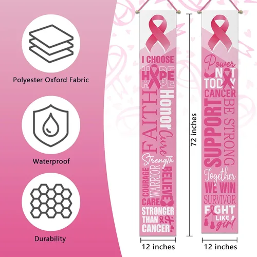 Miniatura 2 de Letrero de cinta rosa para porche de concienciación sobre el cáncer de mama, mensaje inspirador de apoyo de fe y esperanza para puerta delantera