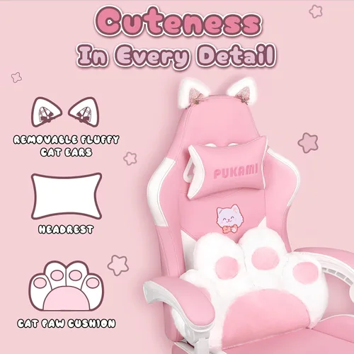 Miniatura 3 de PUKAMI Silla de juegos rosa linda con orejas de gato y cojín lumbar de pata de gato, silla ergonómica para computadora para niña con reposapiés