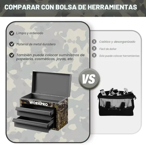 Miniatura 4 de WORKPRO Caja de herramientas mini de metal, cajón superior que contiene dos cajones con guías de rodamientos de bolas, forros de cajones de PVC
