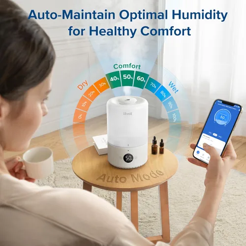 Miniatura 2 de LEVOIT Humidificadores inteligentes de llenado superior de niebla fría para dormitorio con sensor, ajuste automático de humedad, aplicación y Blanco