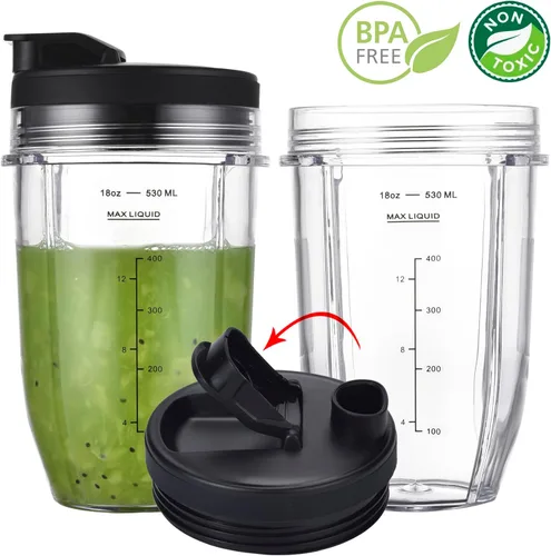 Miniatura 2 de Juego de 2 vasos de repuesto de 18oz para licuadoras Nutri Ninja, piezas de repuesto para licuadoras con tapa mejorada para licuadoras Auto-IQ Tazas