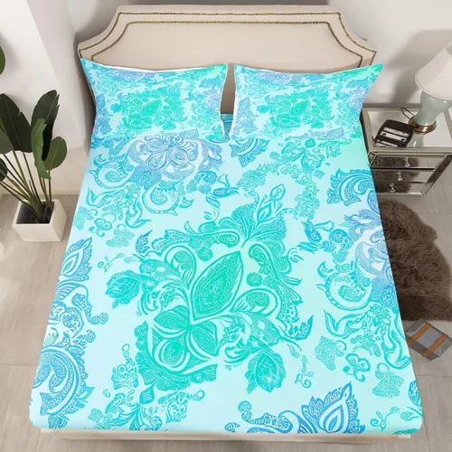 Miniatura 10 de Erosebridal Juego de ropa de cama color verde azulado tamaño individual, sábana bajera ajustable de polilla exótica Trippy Sun y Moon para niñas