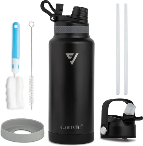 Canvic DualSip - Botella de agua de acero inoxidable aislada al vacío de 32 onzas, 2 tapas a prueba de fugas (pajilla y pico), boca ancha, sin BPA,