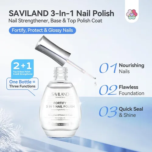 Miniatura 2 de SAVILAND Base y capa superior 3 en 1 y fortalecedor de uñas: 0.5 fl oz de secado rápido al aire transparente, esmalte de uñas fortalecedor