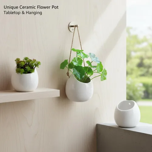 Miniatura 3 de Maceta Colgante de Cerámica Blanca Paquete de 2 - Maceta Moderna con Agujero para Colgar para Suculentas y Plantas Pequeñas Decoración del Hogar