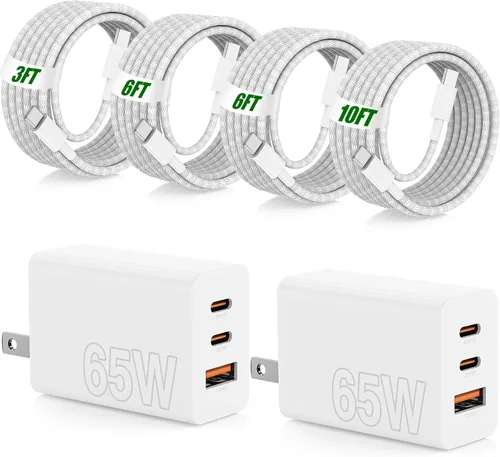 Miniatura 18 de USB C de carga súper rápida de 65 W para iPhone 17 16 Pro Max, bloque de carga USB C de 3 puertos de 100 W PD y cable trenzado tipo C de 3/6/6/10
