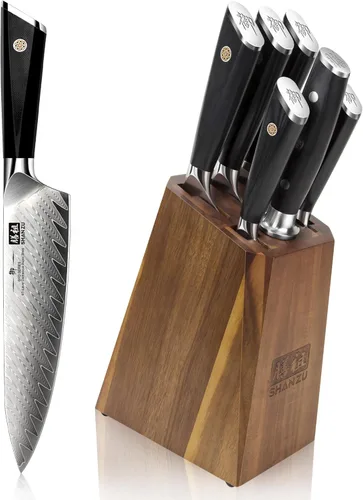 Juego de cuchillos de cocina de Damasco SHAN ZU, juego de 7 piezas de cuchillos profesionales para chefs, cuchillos de acero Super Steel 10Cr15CoMoV