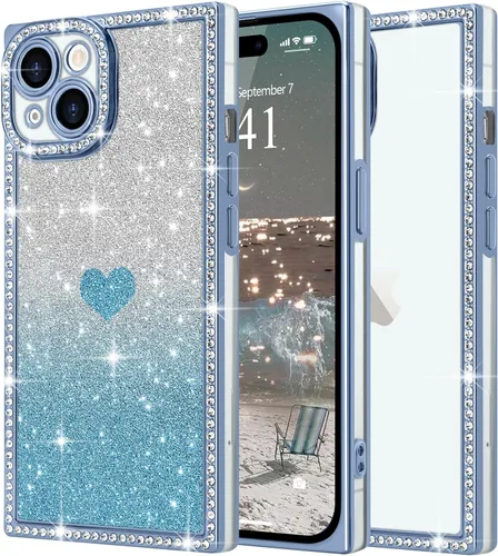 Miniatura 53 de Funda para iPhone 13, funda de diamantes de imitación de lujo con patrón de corazón de amor de cristal [papel con purpurina extraíble], parachoques