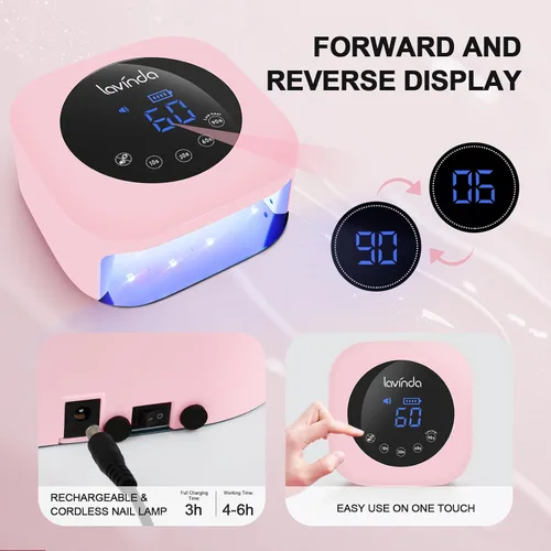 Miniatura 5 de Lavinda Lámpara de uñas LED UV de 54 W, luz de uñas de gel inalámbrica, lámpara UV recargable para uñas, secador de uñas LED profesional con rosado