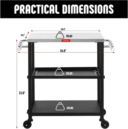 Miniatura 3 de Feasto Mesa de parrilla de 3 estantes, soporte para horno de pizza con estante, carrito de parrilla para horno de pizza móvil, parrilla