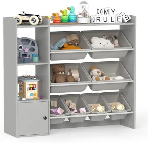 HONEY JOY Organizador de almacenamiento de juguetes para niños, armario de madera de 44 pulgadas de largo con 8 contenedores extraíbles, estantes