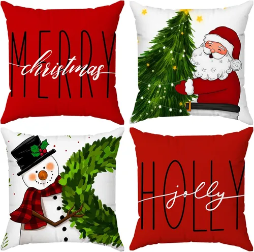 Brightown Juego de 4 fundas de almohada rojas de Navidad de 18 x 18 pulgadas, decoración de Navidad, decoración de vacaciones de invierno, funda de
