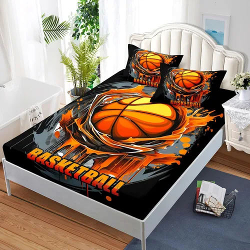 Miniatura 2 de AILONEN Juego de sábanas deportivas de baloncesto de dibujos animados de 3 piezas para niños tamaño completo, juego de sábanas de cama de baloncesto