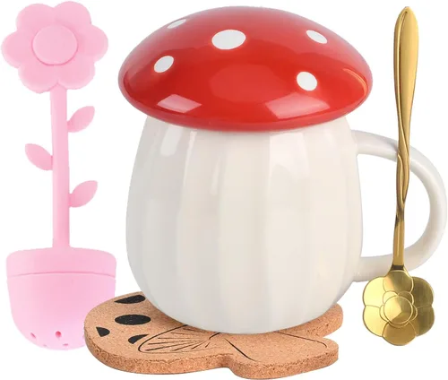 Miniatura 7 de Taza de hongo, bonita taza de café con tapa, cuchara de flores, infusor de té, juego de tazas de té de hongos Kawaii, 8.5 fl oz/8 onzas para leche
