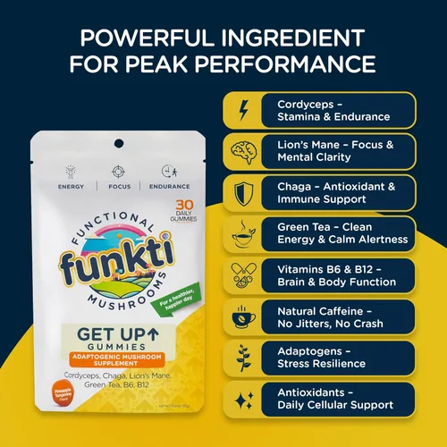 Miniatura 8 de Focus - Gomitas de hongos para adultos, suplemento de hongos con Cordyceps, melena de león, chaga, B6, B12, té verde - Gomitas de levantarse, una