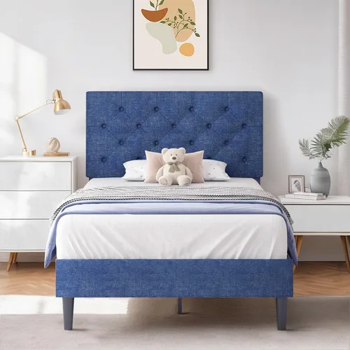 Miniatura 34 de HOMBCK Marco de Cama Queen con Cabecera Capitoné con Botones, Marco de Cama de Plataforma Tapizada Azul, Tela Suave/Soporte de Listones de Madera/No