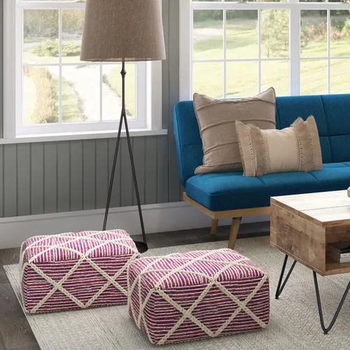 Miniatura 2 de SIMPLIHOME Cowan Puf cuadrado contemporáneo en telar magenta y natural tejido para la sala de estar, el dormitorio y la habitación de los niños
