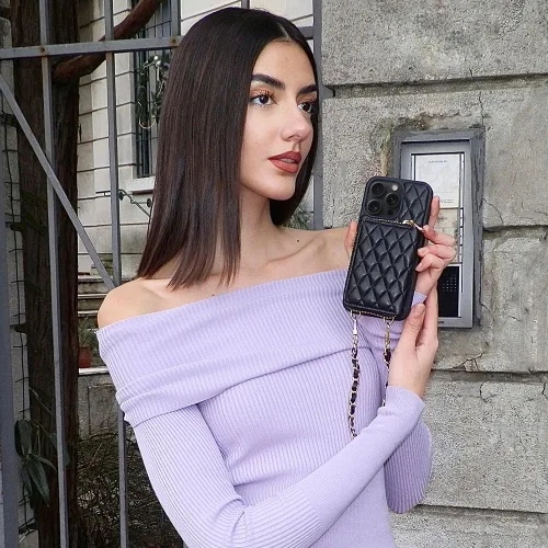 Miniatura 7 de LAMEEKU Funda Cartera para iPhone 15 Pro, Bolso Cartera Cruzada con Portarjetas, Correa de Muñeca de Cuero Acolchado con Cremallera y Bloqueo RFID