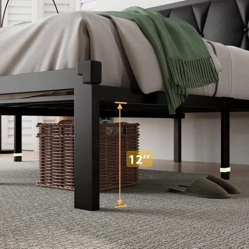 Miniatura 5 de iPormis Marco de cama tamaño matrimonial de metal, cama con cabecera tapizada con botones de piel sintética, soporte de listones resistentes, 30 cm