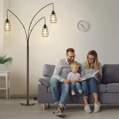 Miniatura 7 de Lámpara de Pie Industrial, Lámpara de Pie de Arco de 3 Luces para Sala de Estar, Lámpara de Pie Alta de 76 Pulgadas con Pantallas de Jaula de Metal