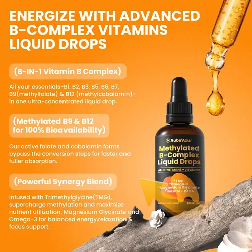 Miniatura 5 de Methylated B Complex Liquid Drop, vitaminas del complejo B líquido para mujeres, con metil B12, metilfolato, B1, B3, B5, B6, B7, C, Omega-3