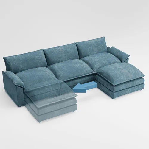 Miniatura 6 de Shahoo Sofá modular modular en forma de L de tela de felpilla con esponjas suaves y de alto apoyo y otomana extraíble, cómodo mueble tapizado