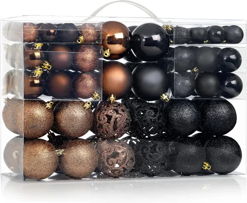 Miniatura 2 de 100 bolas de adorno de Navidad marrones y negras inastillables + 100 ganchos de metal para adornos, adornos colgantes para árbol de Navidad