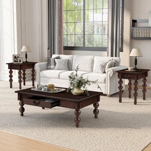 Miniatura 7 de Homora Mesa auxiliar rectangular de madera con cajón de almacenamiento, mesa de cóctel vintage con patas de madera maciza en forma de calabaza, mesa