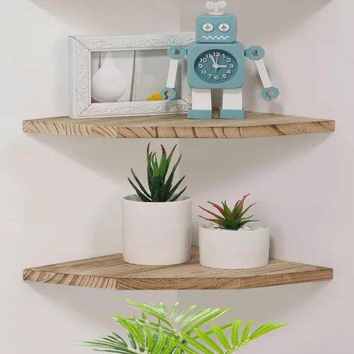 Miniatura 7 de Joiishom Juego de 2 estantes de esquina de madera maciza para pared, estantes flotantes de esquina de madera maciza para pared, estante esquinero