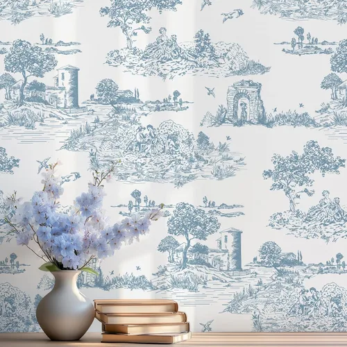 Miniatura 11 de WENMER Toile de Jouy - Papel de contacto Toile de Jouy, papel tapiz azul y blanco, papel adhesivo vintage de país francés para dormitorio, sala