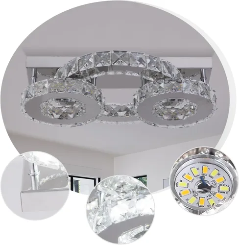 Miniatura 5 de Lámpara de techo de cristal regulable, moderna lámpara de techo de cristal de 3 anillos LED de montaje empotrado para comedor, dormitorio, sala