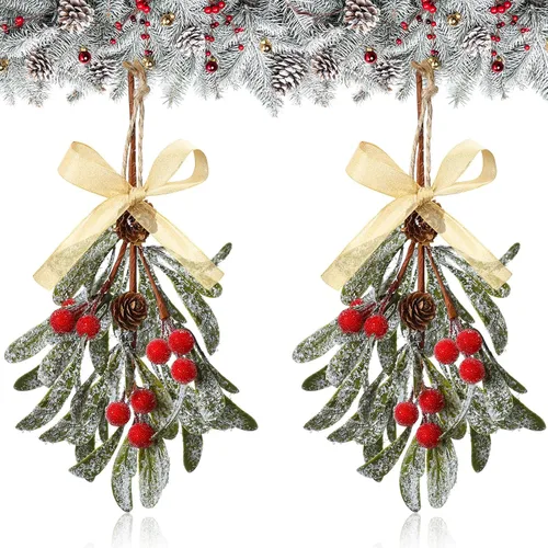 Miniatura 8 de Giegxin 1 pieza Adorno de Navidad Artificial de Muérdago Colgante con Lazo Rojo Bouquet de Adornos Colgantes de Navidad Floral con Piñas Naturales