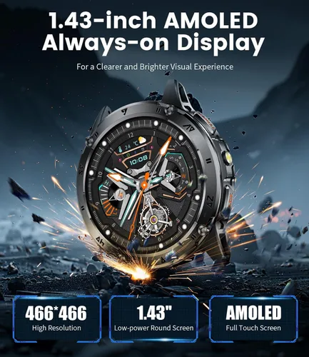 Miniatura 6 de SUNKTA Relojes inteligentes militares para hombres, batería grande de 530 mAh, monitor de frecuencia cardíaca AMOLED de 1.43 pulgadas, monitor