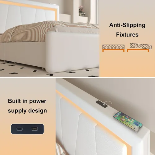 Miniatura 4 de Benevika Marco de Cama Queen con 4 Cajones de Almacenamiento y Cabecera Ajustable, Cama de Plataforma Tapizada con LED con Puertos Tipo C y USB