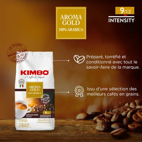 Miniatura 3 de Kimbo Café en grano entero, aroma dorado, 100% café Acrabica, tostado oscuro medio, intensidad 9/13, bolsa de 2.2 libras (35.27 onzas)